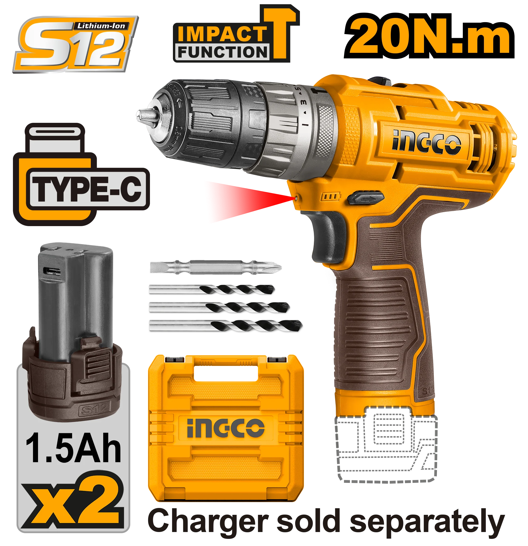 12V Lithium-Ion Cordless Hammer Impact Drill with LED Light – CIDLI12202