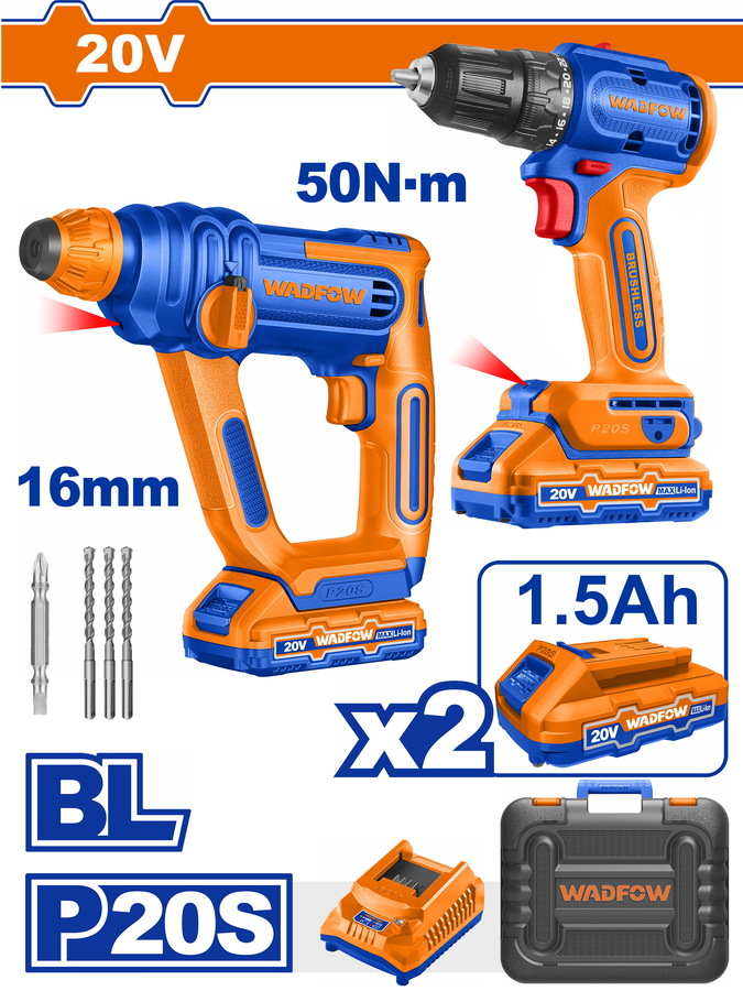 20V Drill 50Nm + Rotary Hammer 16mm Cordless Combo Kit - WOS240681